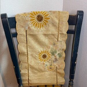 Secret Celebrity Sunflower Embroidered Table Runner natural linen blend 72”